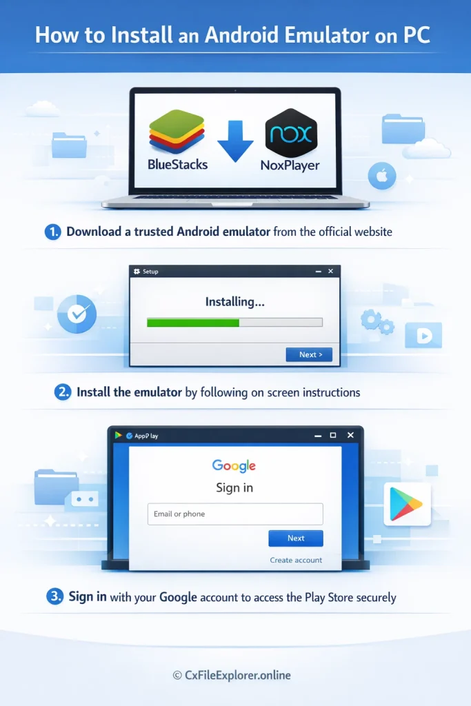 Step 1: Install Android Emulator (BlueStacks or NoxPlayer)